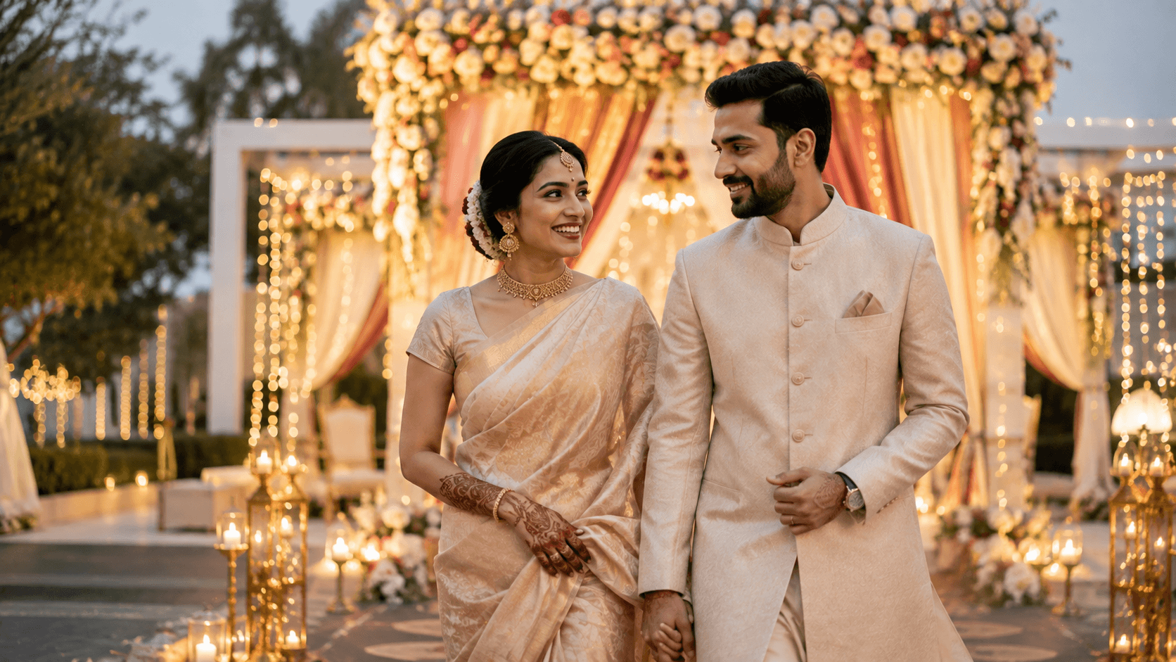 Modern Indian couple in ivory and gold attire walking at an outdoor wedding with mandap and fairy lights