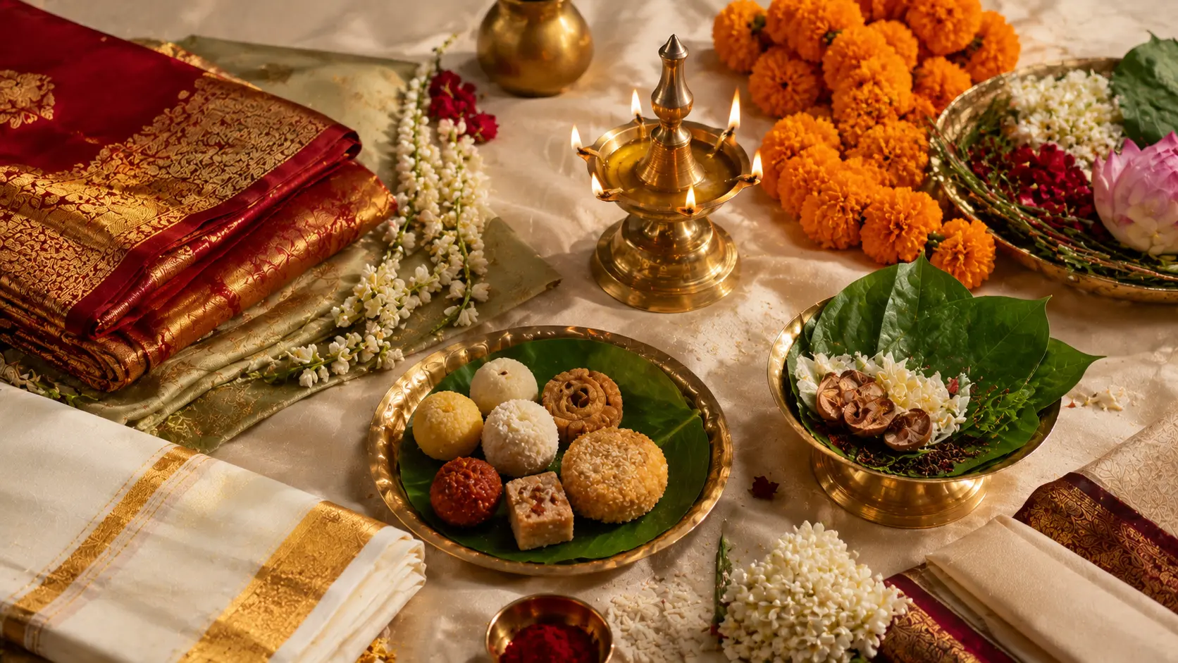 Regional Indian wedding elements including silk saree, marigold, jasmine, brass lamp, and sweets